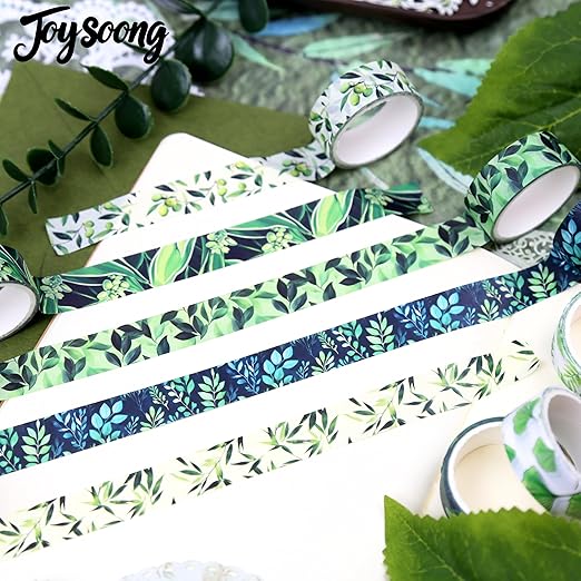 Botanical Green Washi Tape Set- 16 Rolls Leaf Themed Decorative Tape for Journals & Nature Crafts Scrapbooks (0.6" x 10 ft) - Monstera, Bamboo, Olive, Ginkgo, Mint Leaves