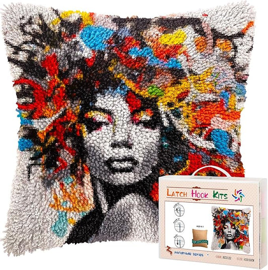 Graffiti Abstract African Woman DIY Latch Hook Pillow Kits for Adults Printed Pillowcase Crochet Yarns Hooking Handmade Pillow Cover Cushion for Home Sofa Decoration 17x17inch(1)