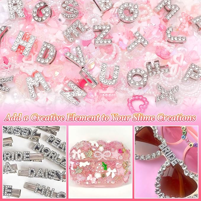 330 Pcs Junk Phone Case Charms 26 Pcs A-Z Rhinestone Alphabet Letter Charm, Mix Pink Color White Flower Bow Heart Pearls Flatback Resin Charms Letter Junk Cases Kit for DIY Crafts