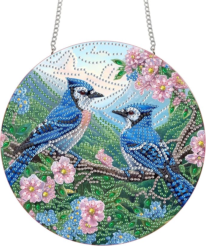 Bimkole Bird Diamond Art Hanging Kit for Adult, DIY 5D Diamond Art Flower Window Pendant, Acrylic Crystal Art Hanging Ornament Home Wall Garden Front Door Sign Outdoor Decor 7.8x7.8 Inch