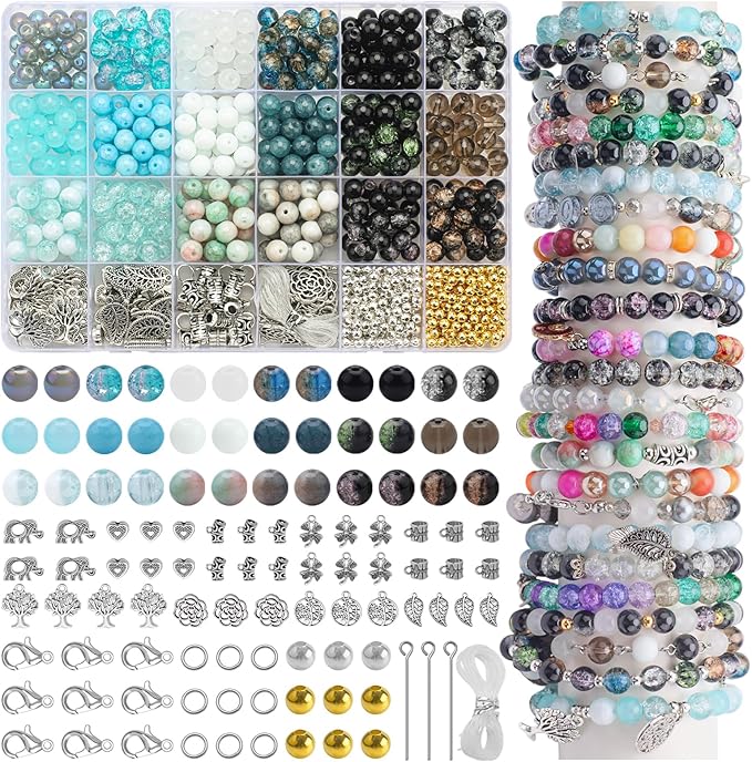 KINGSHINE 8mm 18 Colors Glass Beads for Jewelry Making, 810pcs Charm Bracelet Making Kit - Crystal/Crackle/Stone/Gold & Silver Pendant Spacer Beads for Adults Bracelets Necklace Earring DIY Supplies