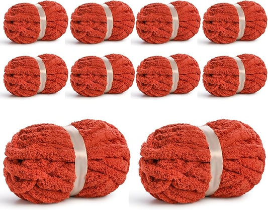 10 Pack Jumbo Chenille Yarn for Crocheting, #10 Super Bulky Baby Soft Yarn for Hand Knitting, 220 yds /70.5 oz Fluffy Chunky Knit Throw Blanket Yarn (Deep Orange)