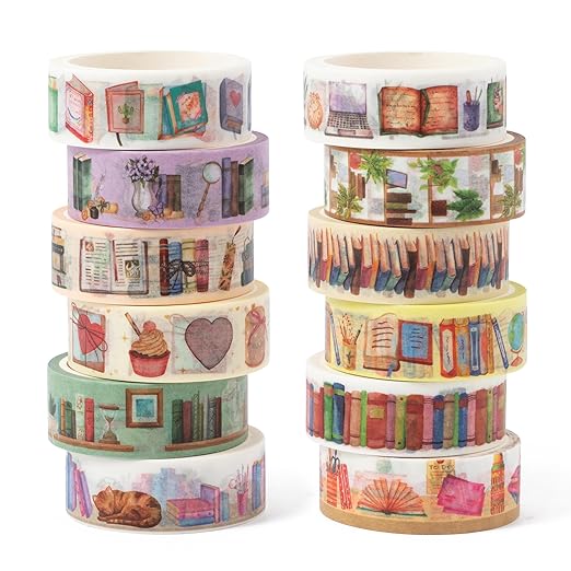 Watercolor Book Washi Tape - 12 Roll Lover Books Coffee Study Library Bookshelf Themed, Cozy Study Space Designs for Scrapbooking, Journaling, Gift Wrapping, Bookmark Making & Library Decor