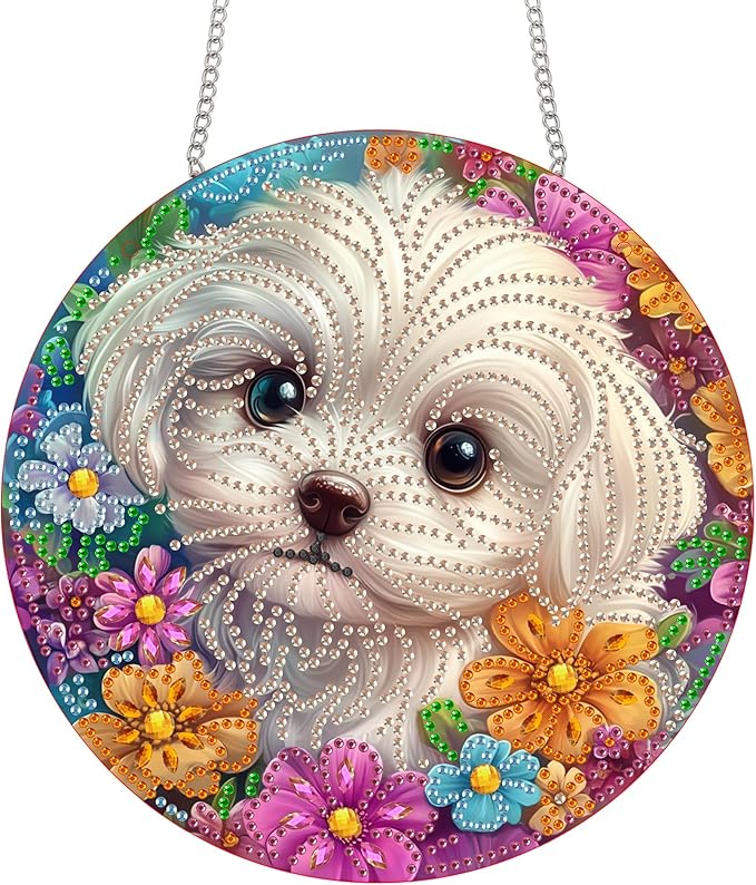Bimkole Dog Diamond Art Hanging Kit for Adult, DIY 5D Diamond Art Pet Animal Window Pendant, Acrylic Crystal Art Hanging Ornament Home Wall Garden Front Door Sign Outdoor Decor 7.8x7.8 Inch