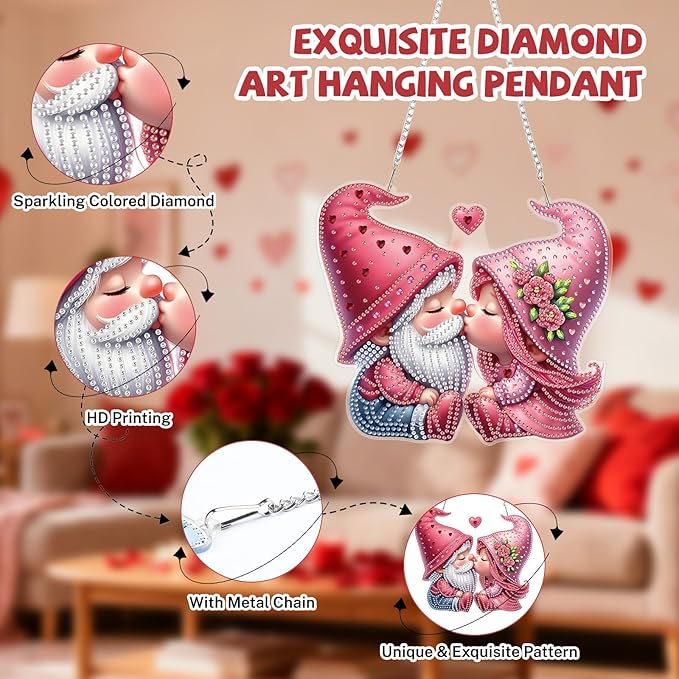 Bowetile Valentine's Day Diamond Art Hanging Kits for Adults, Diamond Art Suncatchers Gnome, 5D Special Shape Diamond Painting Pendant Window Ornament Home Door Wall Decor, Gifts for Women