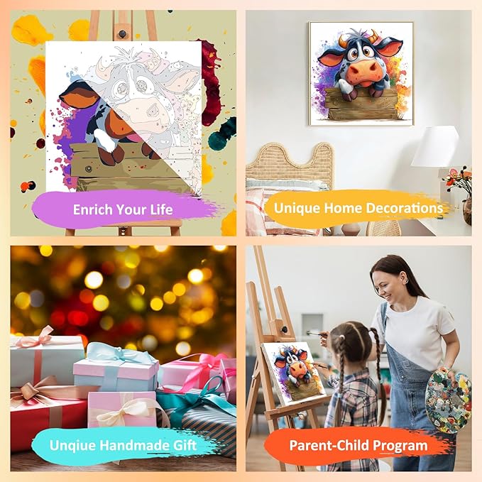 Paint by Numbers Kit for Kids with Frame, Cow Paint by Numbers for Kids Ages 4-8-12, DIY Cow Acrylic Oil Painting for Home Wall Art Decor Gift 7.8x7.8 inch (with Frame Easel)