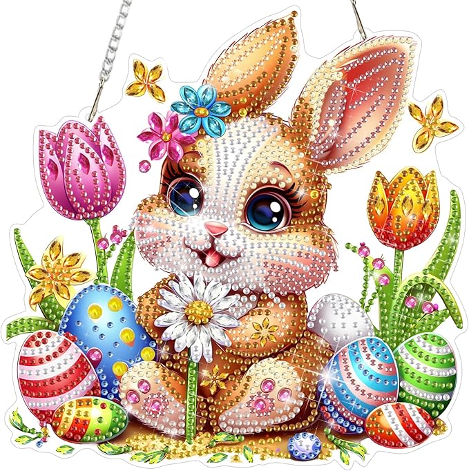 DOMROM Rabbit Diamond Art Hanging Kits for Adults, Easter Special Shaped Crystal Diamond Painting Rabbit Pendant, DIY Diamond Art Suncatchers Animal for Home Garden Wall Decor Gift