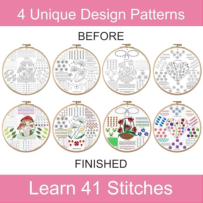 Moni Crafts Adult Beginner Embroidery Kit – 4 Pre-Printed Patterns (Flower, Mushroom, Floral, Heart) – Learn 41 Stitches, Hand Embroidery Starter Craft Set