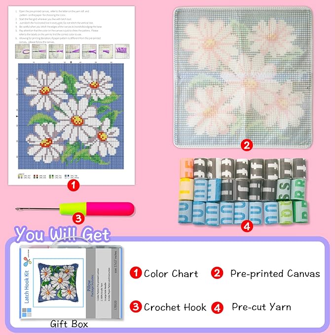 LAPATAIN Latch Hook Kits for DIY Throw Pillow Cover,Daisy Needlework Cushion Cover Hand Craft Crochet for Great Family 17x17inch