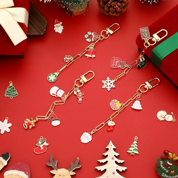 Tondiamo 266 Pieces Christmas DIY Gold Keychain Making Kit Bat Christmas Tree Santa Charm Jewelry Making Snowflakes Stocking Ornaments Bulk for Key Ring Art Adults Women Bag Gift