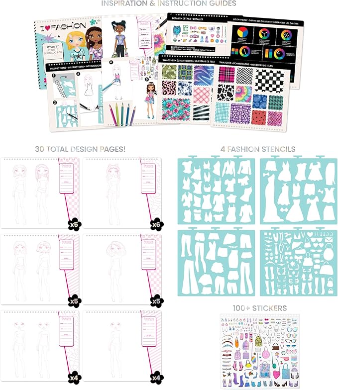 Fashion Angels Fashion Design Sketch Portfolio for Kids - Fashion Design Sketch Book for Beginners, Fashion Sketch Pad with Stencils and Stickers for Kids 6 and Up, Brown