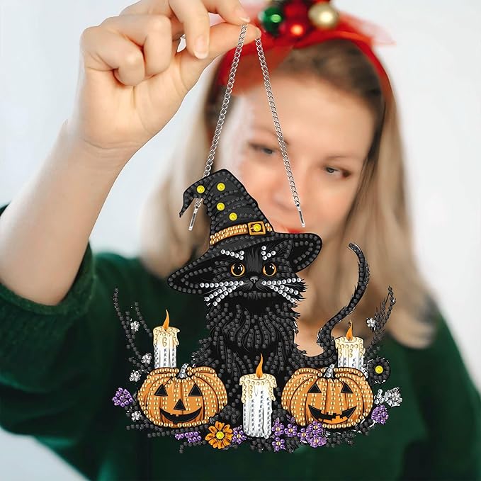 Pavemlo Hanging Diamond Art Kits for Adults Halloween Cat – 8x8 Inch Double-Sided Acrylic Board DIY Crystal Diamond Suncatcher Pendant, Sparkling Home Wall or Window Decoration Handmade Gift