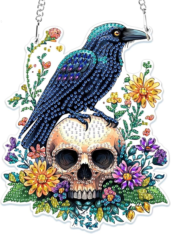 MOGTAA Halloween Diamond Art Hanging Pendant Kits, Skull Diamond Art Suncatchers for Adults, 5D Special Shape Diamond Painting Bird Flowers Gem Art for Home Garden Wall Decor
