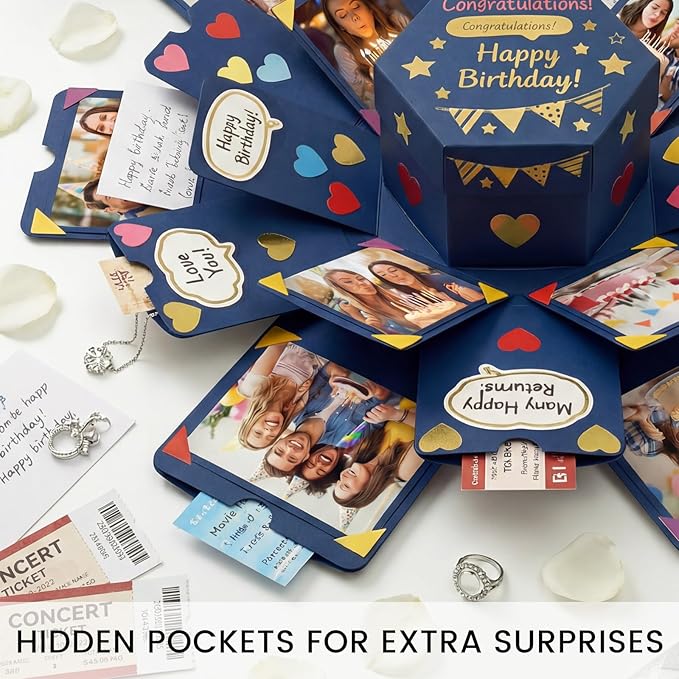 Koogel Explosion Gift Box, Blue Exploding Photo Album Surprise Love Box with DIY Scrapbooking Accessories for Anniversary Birthday Wedding