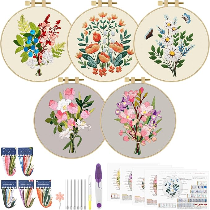 ERKOON 5 Sets Embroidery Kit for Beginners, Butterfly Cross Stitch Set for Include Embroidery Cloth Hoops Threads for Craft Lover Hand Stitch (Bouquet)