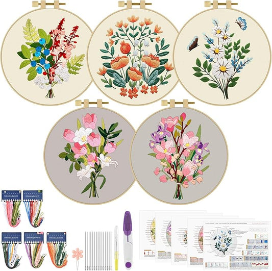 ERKOON 5 Sets Embroidery Kit for Beginners, Butterfly Cross Stitch Set for Include Embroidery Cloth Hoops Threads for Craft Lover Hand Stitch (Bouquet)