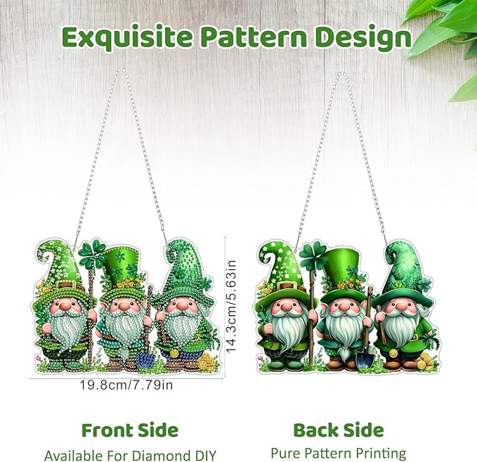 MEIYUDA St. Patrick's Day Hanging Diamond Art Kits for Adult, Four-Leaf Clover Gnomes Diamond Painting Kit Ornaments, DIY Special Shaped Rhinestone Window Pendants Kit for Home Wall Decor Gift