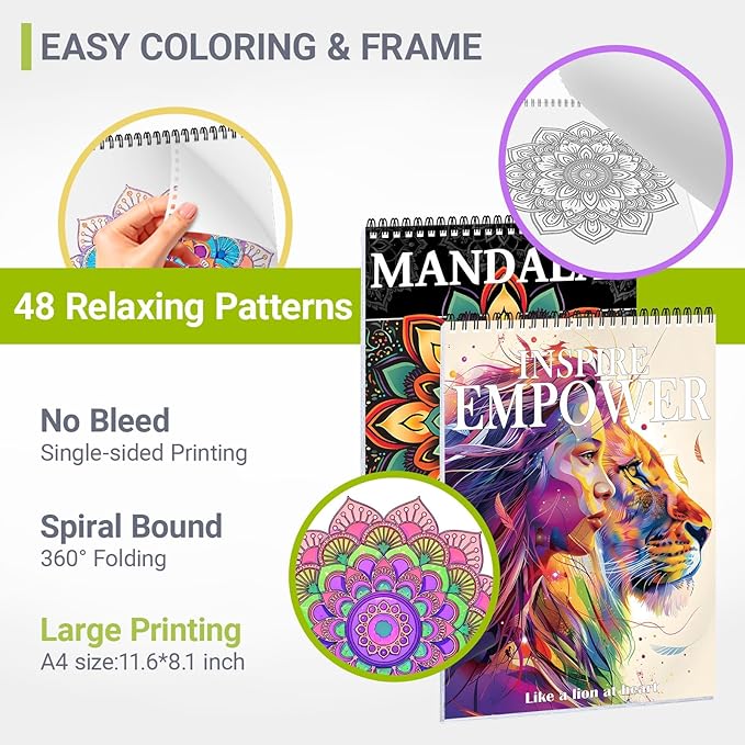 Adult Coloring Book for Women Relaxation, Spiral Bound Mindfulness Coloring Book with 24 Colors Markers for Adult, Anxiety Relief Gifts with 48 Pictures (Quotes & Mandala)