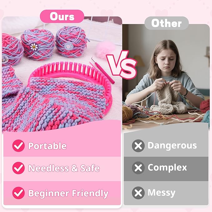 PREBOX Knitting Loom Craft Kit for Kids & Beginners - Create Hat & Scraf with Yarn, Hook Needle, Ideal Birthday Christmas Gifts for Teens Girls Age 6-8 8-12 14+, Rose Loom