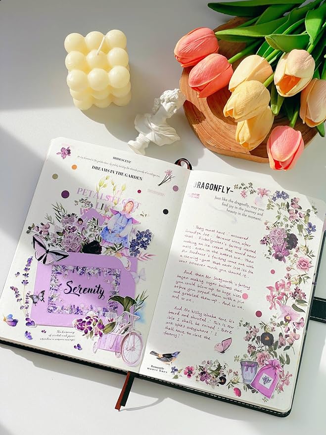 WT Pre-Cut Purple Muse Wide Washi Tape – Soft Purple Florals & Poetic Accents, 70mm×5m, Artistic Tape for Journaling, Scrapbooking, Planner & DIY Crafts