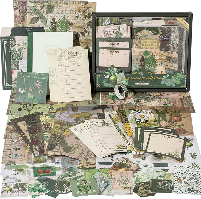 YagCu Botanical Scrapbooking Kit, Vintage Junk Journal Supplies for Adult, Green Large Collection Journal and Scrapbook Set, Journaling Materials, Arts Craft Beginner Stationery