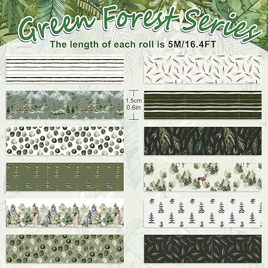 Whaline 12 Rolls Green Forest Washi Tape Watercolor Greenery Holiday Masking Tape Woodland Green Tree Plants Pattern Washi Tape for Scrapbook Journal DIY Craft Gift Wrapping
