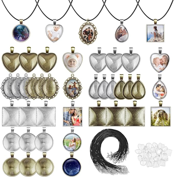 Aenezus Pendant Trays Set with Glass Cabochons for Jewelry Making - 90pcs, Includes 30pcs Bezel Pendants, 30 Glass Cabochons, 30 Necklace Cords