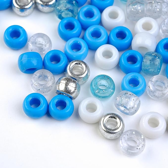 1000PCS 6x9mm Blue and White Pony Beads, Kandi Beads for Bracelets Making Kit, Hair Braids Crafts Jewelry Making Crafts Friendship Necklace Earrings DIY (Blue Silver Mixed Color)
