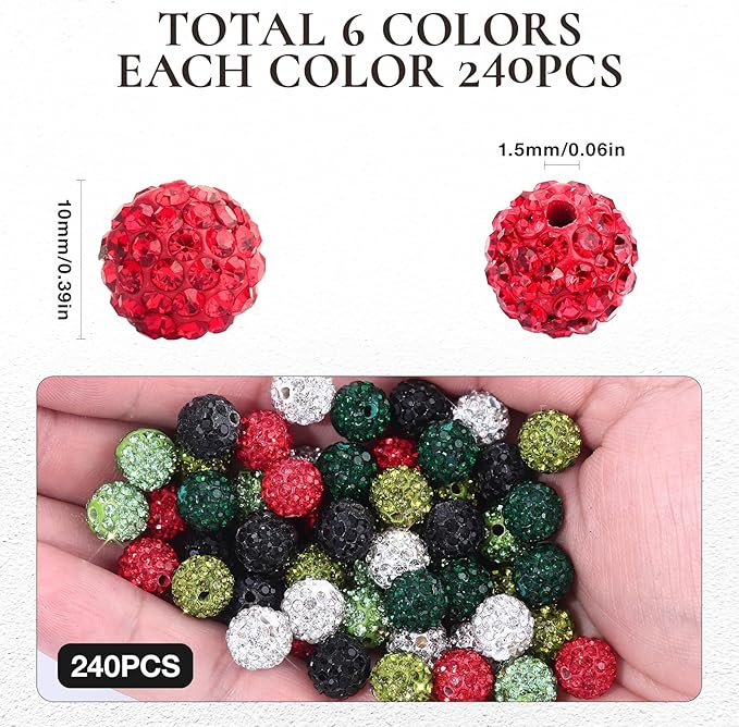 novani 240pcs 10mm Green Rhinestone Beads for Jewelry Making, Round Clay Beads with 1.8mm Hole, Disco Ball Effect, DIY Handmade Accessories
