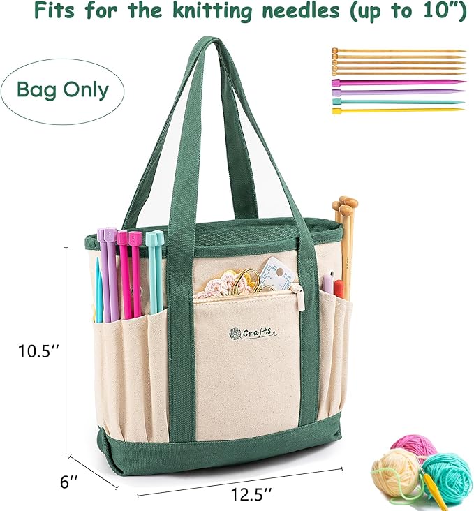 Canvas Yarn Storage Organizer Bag Washable Crochet Bag with Pockets for Yarn, Hooks, Needles – Travel Knitting Tote for Crafters – Gift for Crocheters & Knitters (Medium/Large)