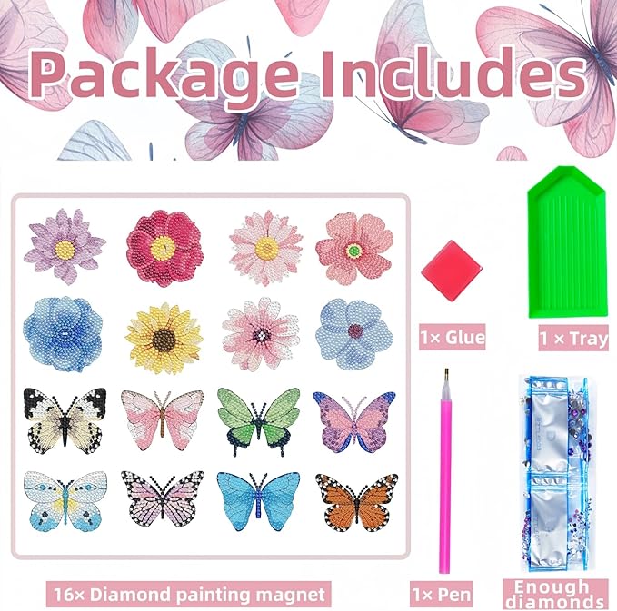 16 Pcs Butterfly Diamond Painting Magnets Kits,Flowers Diamond Art Fridge Magnet Refrigerator Sticker Diamond Painting kit for Beginners Adults DIY Art Craft Gifts Home Decors (Butterfly)