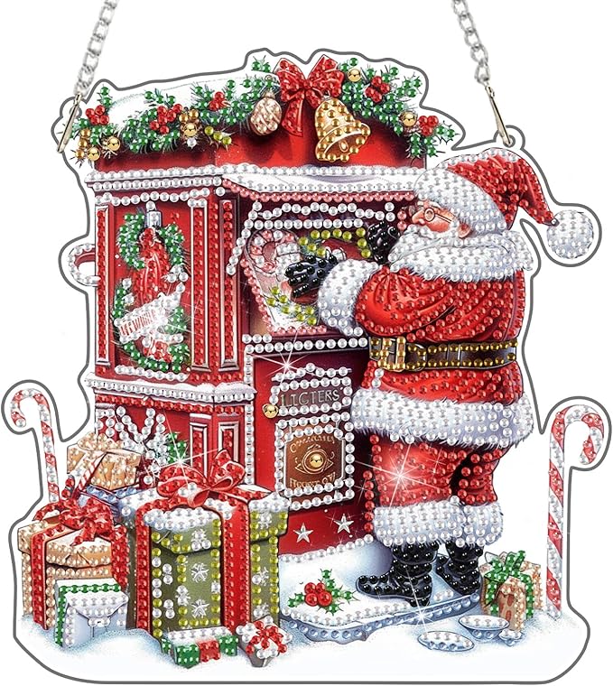 DOMROM Santa Diamond Art Hanging Kits for Adults Beginners, Christmas Special Shaped Crystal Diamond Painting Santa Pendant, DIY Diamond Art Suncatchers for Home Garden Wall Decor Gift