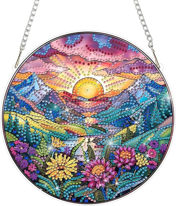 DOMROM Sunrise Diamond Art Hanging Kits for Adults Beginners, Special Shaped Crystal Diamond Painting Sunrise Pendant, DIY Diamond Art Suncatchers Landscape for Home Garden Wall Decor Gift