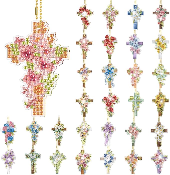 Huquary 30 Pcs Easter Diamond Art Keychains Cross Flower Diamond Painting Keychain Kits for Aldults Double Sided 5d Rhinestones Christian Hanging Key Chains for Beginners DIY Crafts Spring Party Gift