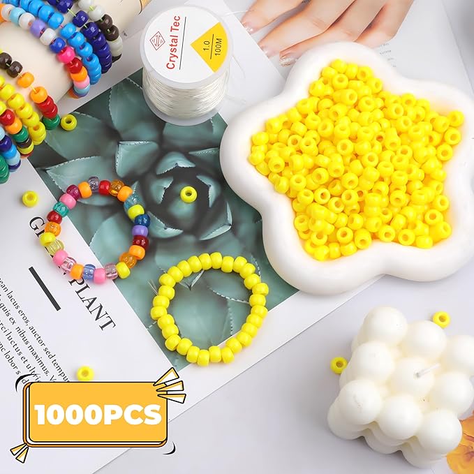 Plastic Pony Beads, 1000 Pcs, 6x9mm, for Bracelet, Hair Braiding, Friendship Bracelets, Jewelry Making (Yellow)