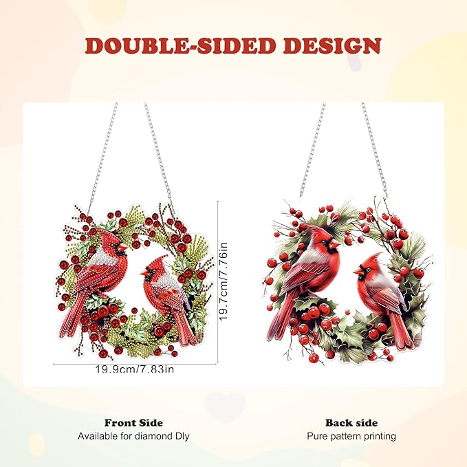 HEIBAGO Cardinal Diamond Art Hanging Kits for Adults Kids, 5D Special Shaped Crystal Diamond Painting Kit Wreath, DIY Pattern Window Pendant Gem Art Kit for Home Wall Decor 8.3 x 8.3 Inch