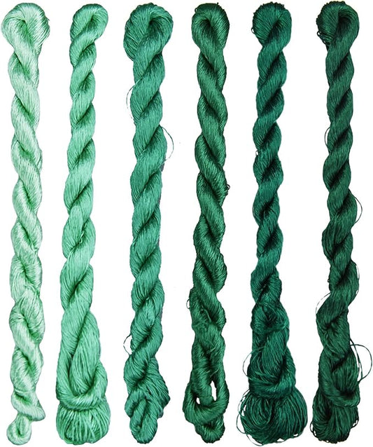 Natural Silk Thread – 6 Green Colors, 110m Each, Handmade Silk Embroidery Floss for Hand Embroidery, Cross-Stitch, Needlework Projects