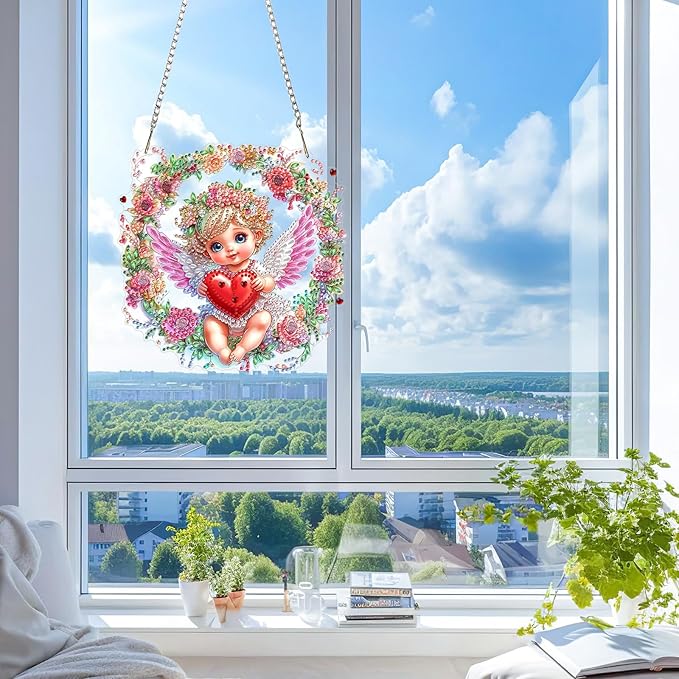 KEYIFA Valentine's Day Diamond Painting Kit, DIY Cupid Diamond Art for Adults, Diamonds Pendant Special Shaped Rhinestone Window Hanging Ornaments Home Garden Wall Door Decoration, 20cm Width