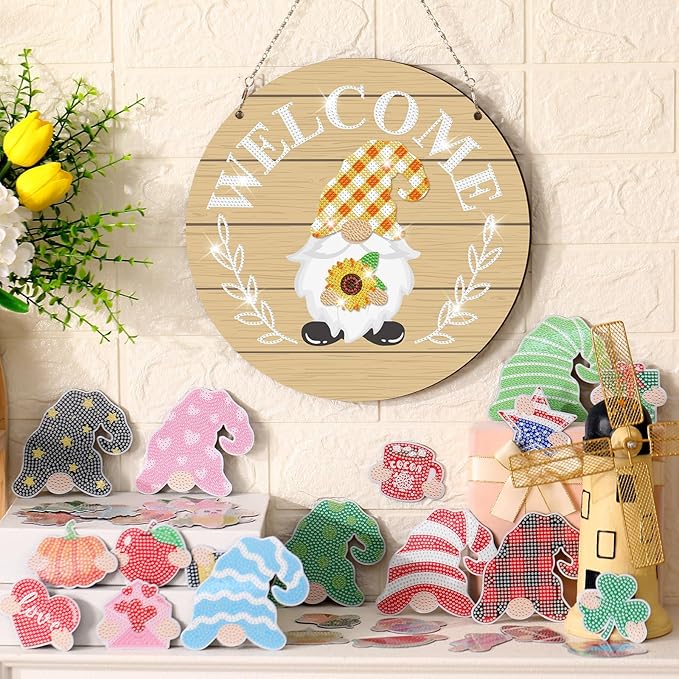 33 Pcs Magnetic Diamond Art Set Interchangeable DIY Gnome Diamond Painting Decor Detachable Welcome Sign Seasonal Door Hanger Gnome Party Decorations Gift for Home Wall Front Door(Classic)