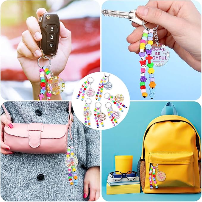 Cinrobiye 24 Set Christian Keychain Making Craft Kit, DIY Religious Bible Verse Keychains Inspirational Cross Beads Key Ring Women Teacher Appreciation Gifts for VBS Week Sunday Church School