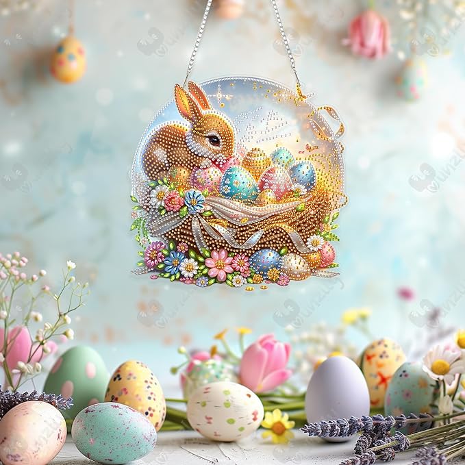 Yunzlly DIY Hanging Diamond Art Pendant Kit, Special Crystal Double Sided Diamonds Painting Ornament Kit for Adults, Acrylic Gem Painting Board for Window&Door&Wall (Rabbit and Eggs)
