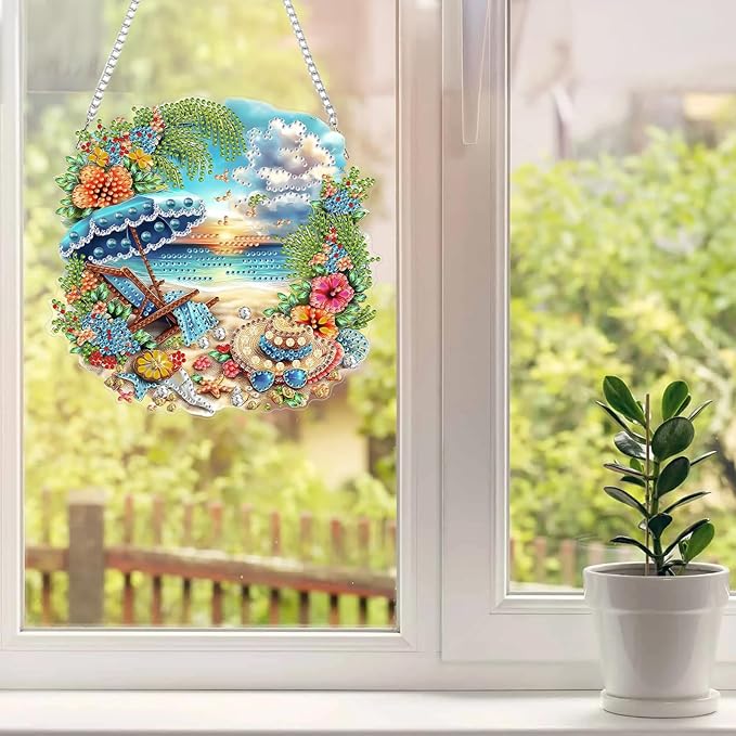 MAXBYE DIY Diamond Art Kits for Adults Hanging Pendant Summer Beach, Painting Diamond Gem Art Hanging Kits for Beginners Gift Window Wall Door Decoration