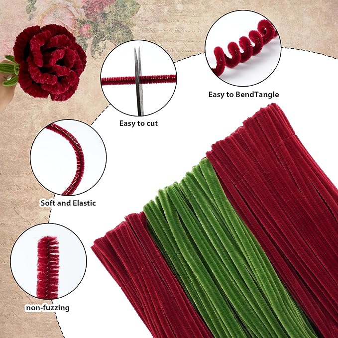 300 Pcs Thick Pipe Cleaners,Craft Supplies Floral Bonquet,DIY Flower Making Kit for Starter with Floral Wires, Gardening Tape,Stamen (RED+Green)