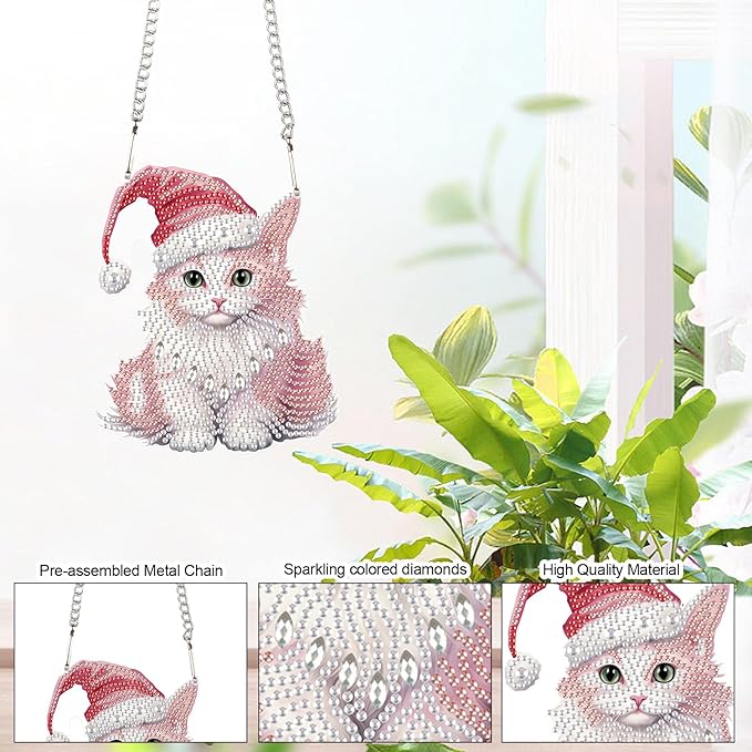 DIY 5D Diamond Painting Hanging Ornament Christmas Cat Design, Crystal Rhinestone Diamond Art Pendant, Handmade Suncatcher for Home, Wall, Window, and Holiday Gift