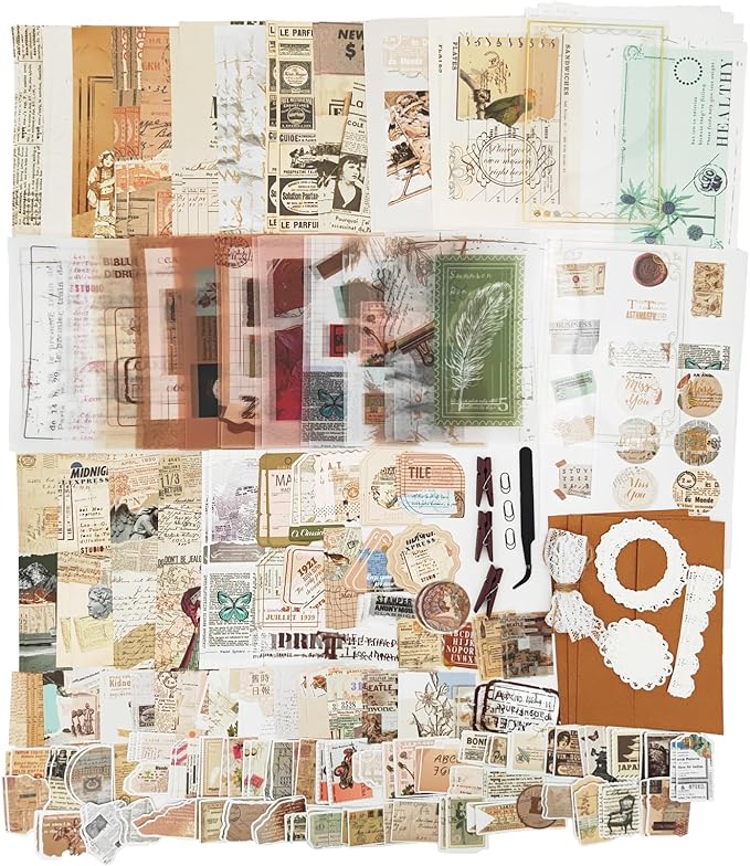 Esweny 251PCS Vintage Scrapbook Supplies Pack, Scrapbooking Paper and Stickers Ephemera Bundle Junk Journal Kit for Art Aesthetic Journaling Collage Decoupage Craft (Old Times Daily)