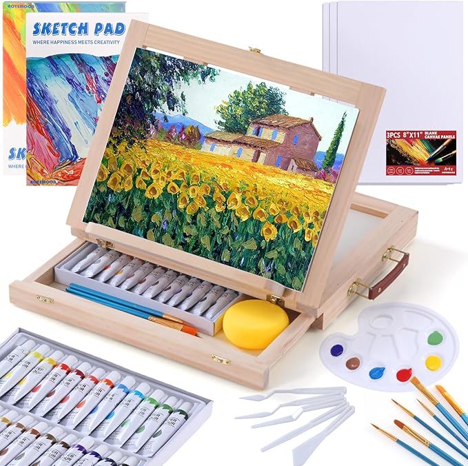 54 Pieces Watercolor Paint Set with Tabletop Easel, Complete Starter Painting Art Supplies with Watercolor Paints, Canvases, Sketch Pads, Brushes and Palette for Beginners Young Artists and Adults