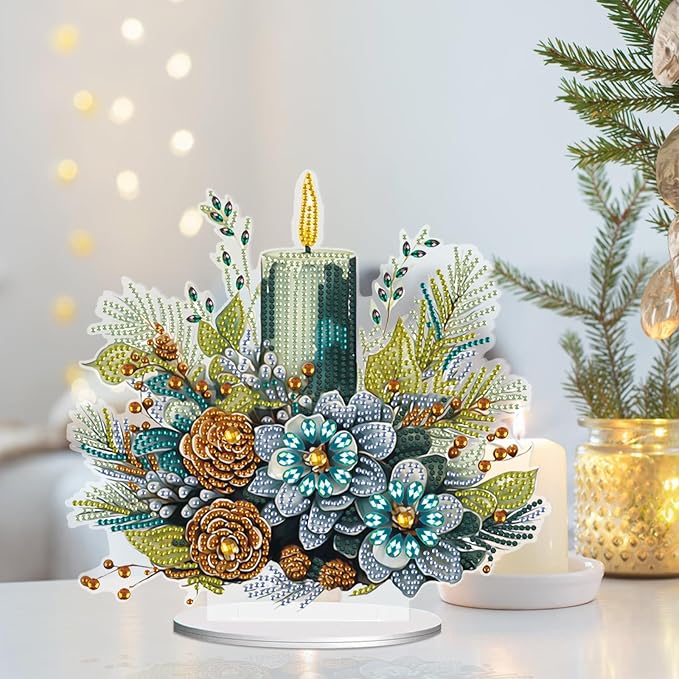 MVVMTOP Christmas Diamond Painting Kits Tabletop Decoration, DIY Candle & Flower, 5D Diamond Art Home Ornament By Number Mosaic Arts Crafts for Home Office Acrylic Tabletop Decor, New Year Gift