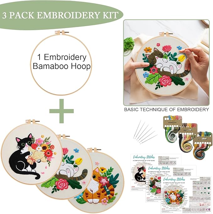 Nuberlic Cat Embroidery Kit for Adults Beginners - 3 Pre-Printed Animal Patterns, Adults Starter Cross Stitch Kit DIY Needlepoint