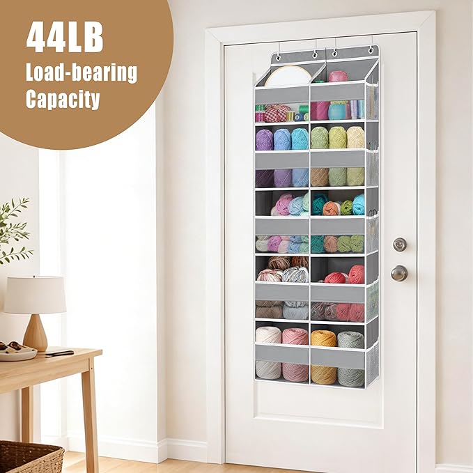 Hanging Yarn Storage Organizer, 10 Extra Large Clear Pockets Organizer with 10 Side Crochet Bag Organizer, Over The Door Yarn Storage for Crochet Hook, Knitting Needles,Gray
