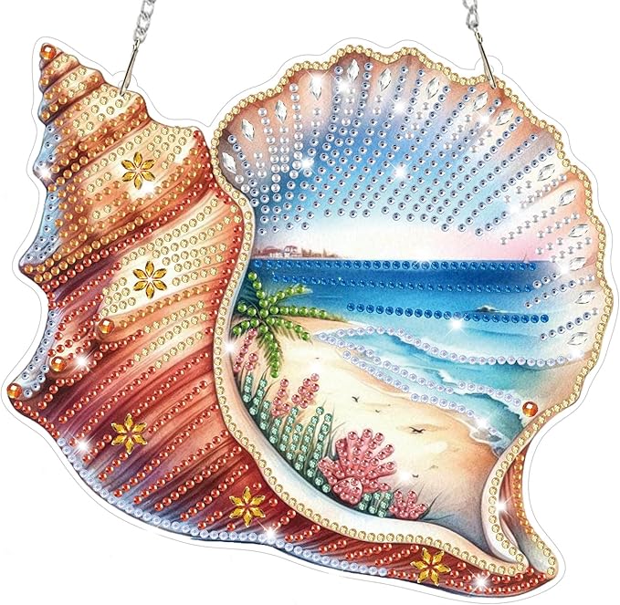 Summer Diamond Art Hanging Kits for Adults, Diamond Art Suncatchers Conch Shell, 5D Special Shape Diamond Painting Beach Pendant Window Ornament Gifts for Home Wall Door Garden Decor